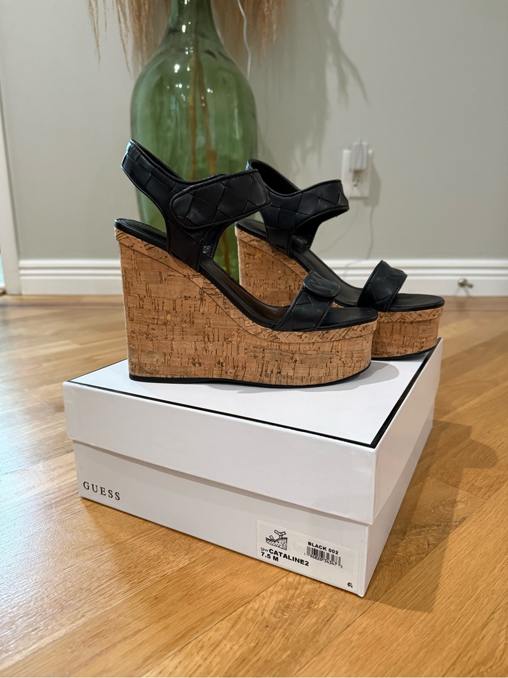 Guess Cataline Black Quilted Leather Cork Wedge Sandals